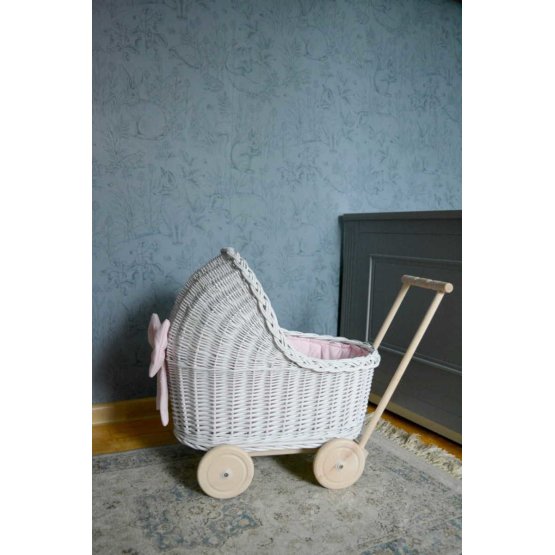 Wiklinowy wózek dla lalek - biało-różowy