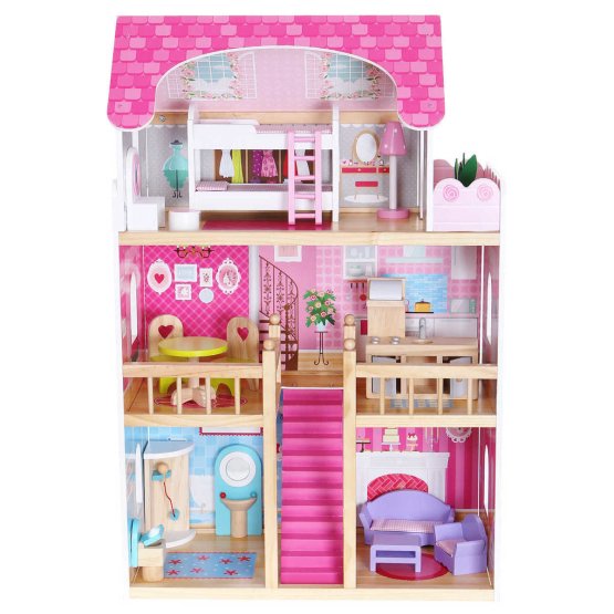 Drewniany dom dla lalki Różowy rezydencja