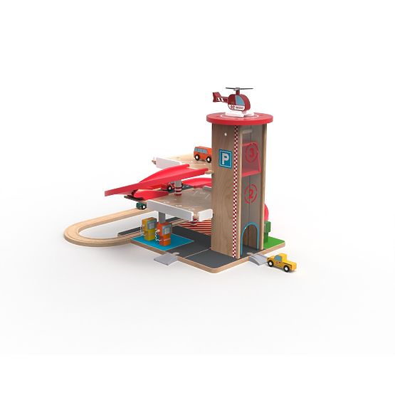 2Kids Toys Drewniany garaż z torem kolejowym