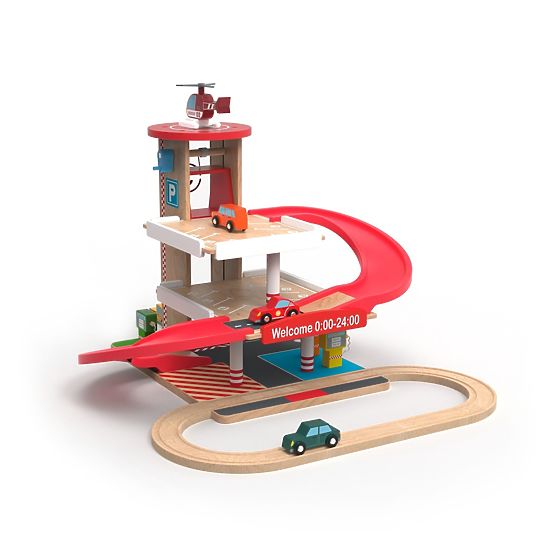 2Kids Toys Drewniany garaż z torem kolejowym