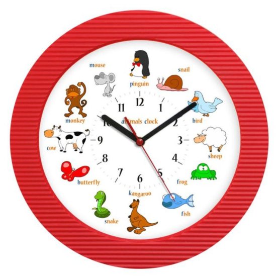 Zegar dla dzieci Zwierzątka po angielsku, czerwony