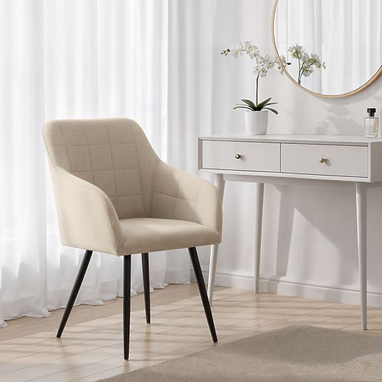 6x Tapicerowane krzesło z kwadratowym przeszyciem Beżowe LUXANO Czarne nogi tkanina Lumos