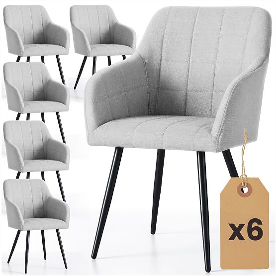 6x Tapicerowane krzesło z kwadratowym przeszyciem Jasnoszary LUXANO Czarne nogi tkanina Lumos