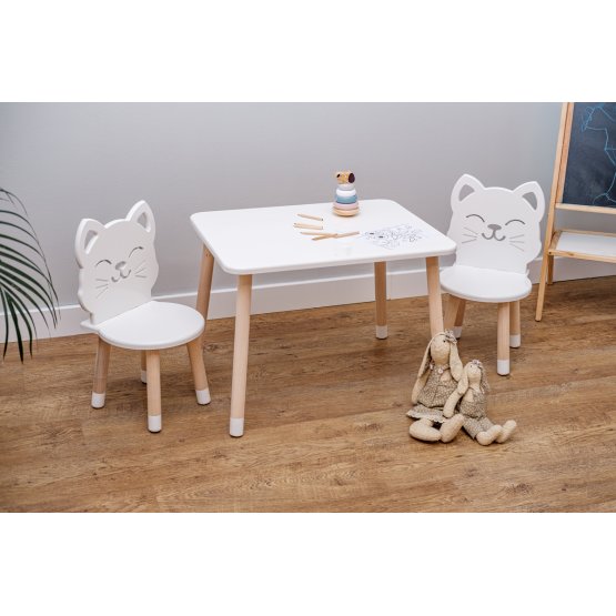 Stolik dziecięcy z krzesłami - Kot - biały