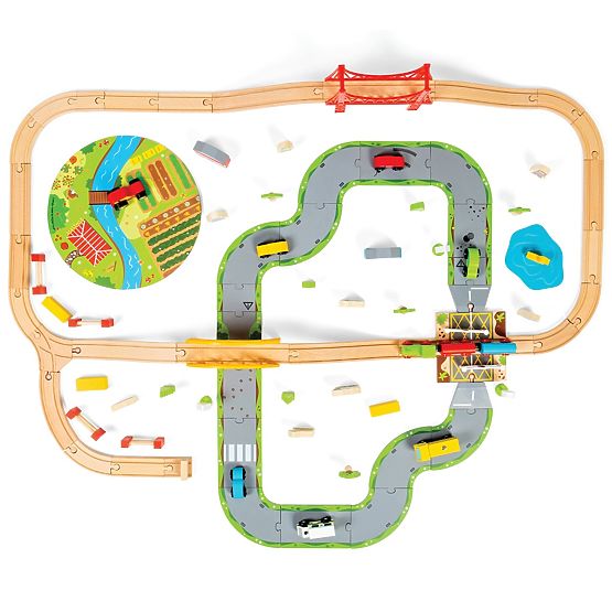Bigjigs Rail Drewniany tor kolejowy z polną drogą 80 części