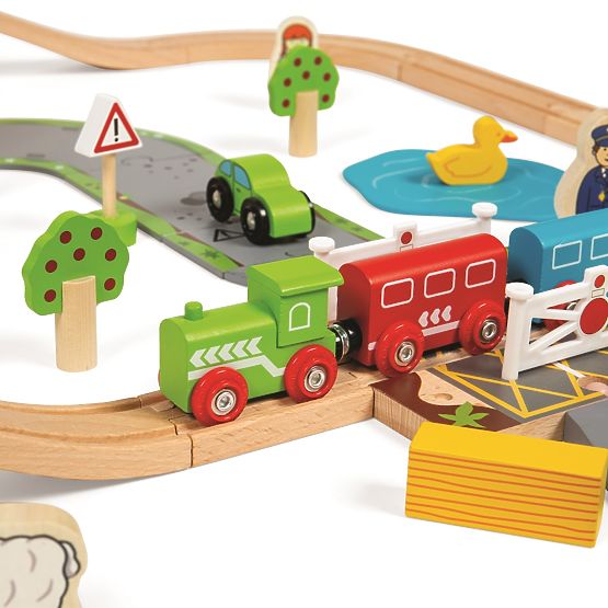 Bigjigs Rail Drewniany tor kolejowy z polną drogą 80 części