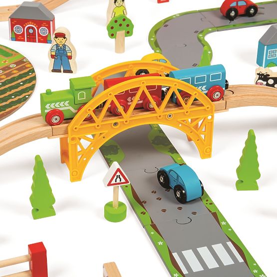 Bigjigs Rail Drewniany tor kolejowy z polną drogą 80 części