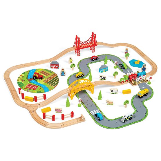 Bigjigs Rail Drewniany tor kolejowy z polną drogą 80 części