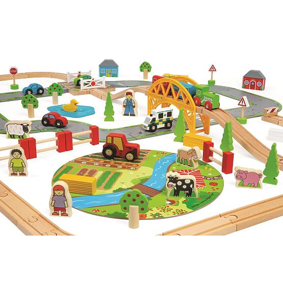 Bigjigs Rail Drewniany tor kolejowy z polną drogą 80 części