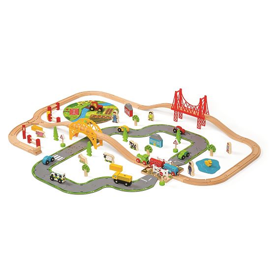 Bigjigs Rail Drewniany tor kolejowy z polną drogą 80 części
