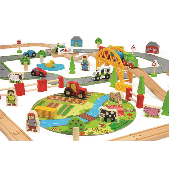 Bigjigs Rail Drewniany tor kolejowy z polną drogą 80 części