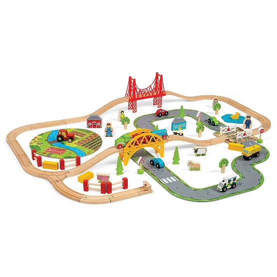 Bigjigs Rail Drewniany tor kolejowy z polną drogą 80 części