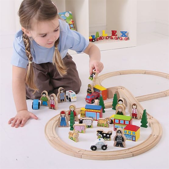 Bigjigs Rail Duży zestaw drewnianych akcesoriów do torów kolejowych