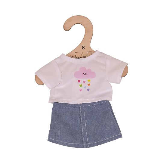 Bigjigs Toys Biała koszulka z dżinsową spódniczką dla lalki 28cm