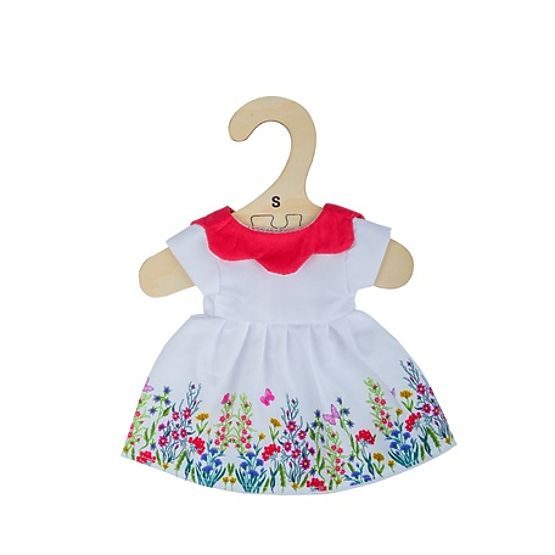 Bigjigs Toys Biała sukienka w kwiaty z czerwonym kołnierzykiem dla lalki 25 cm