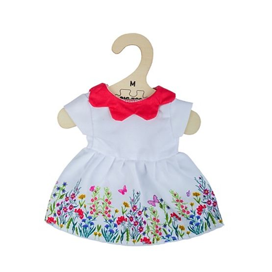 Bigjigs Toys Biała sukienka w kwiaty z czerwonym kołnierzykiem dla lalki 34 cm
