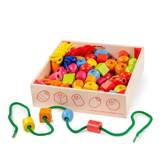 Bigjigs Toys Drewniane sznurkowe koraliki w słoiku
