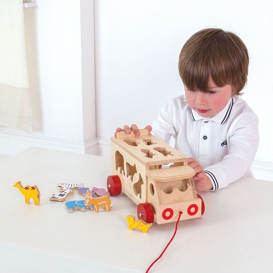 Bigjigs Toys Drewniany samochód ze zwierzętami