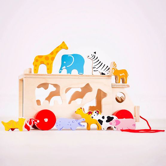 Bigjigs Toys Drewniany samochód ze zwierzętami