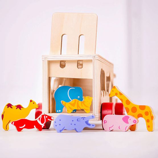 Bigjigs Toys Drewniany samochód ze zwierzętami