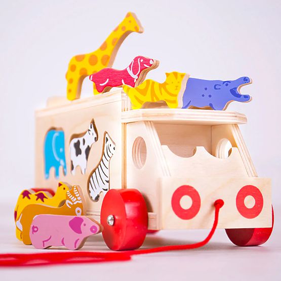 Bigjigs Toys Drewniany samochód ze zwierzętami