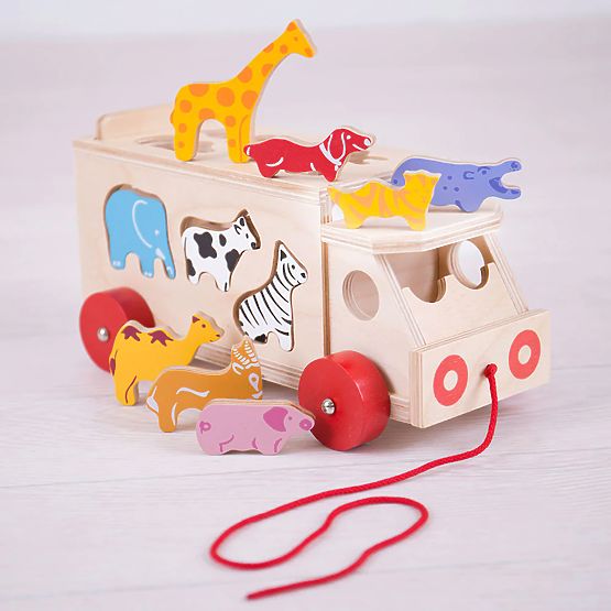 Bigjigs Toys Drewniany samochód ze zwierzętami
