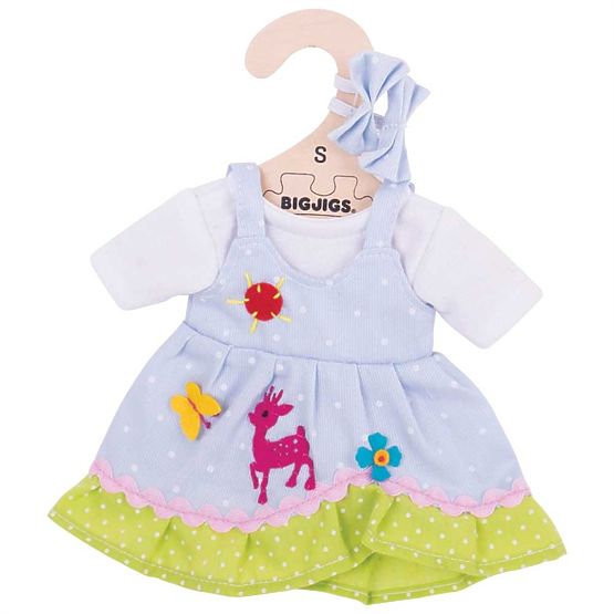Bigjigs Toys Niebieska sukienka w kropki z jeleniem dla lalki 28 cm