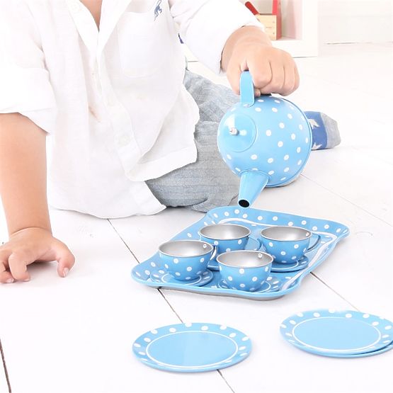 Bigjigs Toys Niebieski zestaw do herbaty w kropki