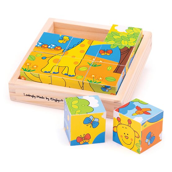 Bigjigs Toys Obrazkowe klocki kubusy Safari 9 klocków