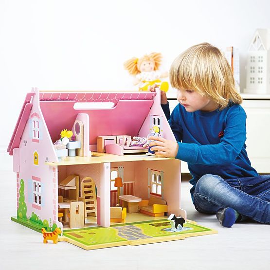 Bigjigs Toys Przenośny drewniany domek dla lalek