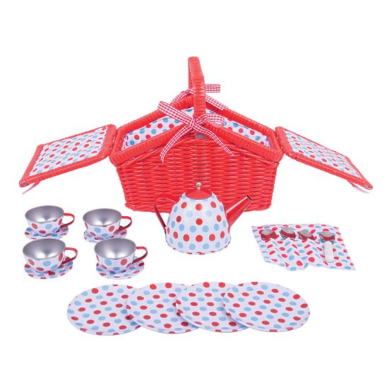 Bigjigs Toys Zestaw do herbaty w kropki w koszu piknikowym