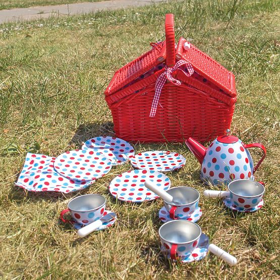 Bigjigs Toys Zestaw do herbaty w kropki w koszu piknikowym