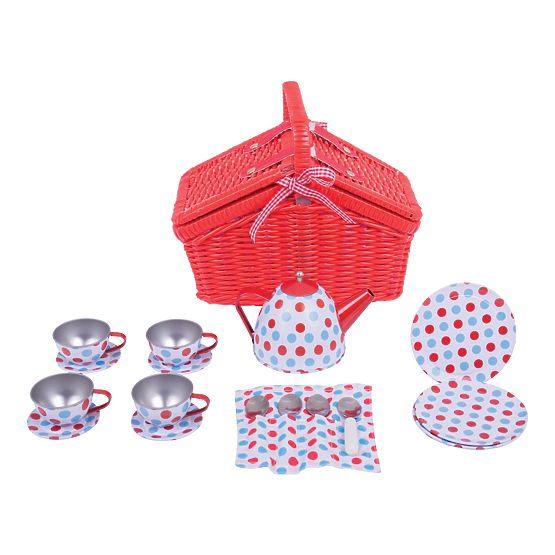 Bigjigs Toys Zestaw do herbaty w kropki w koszu piknikowym