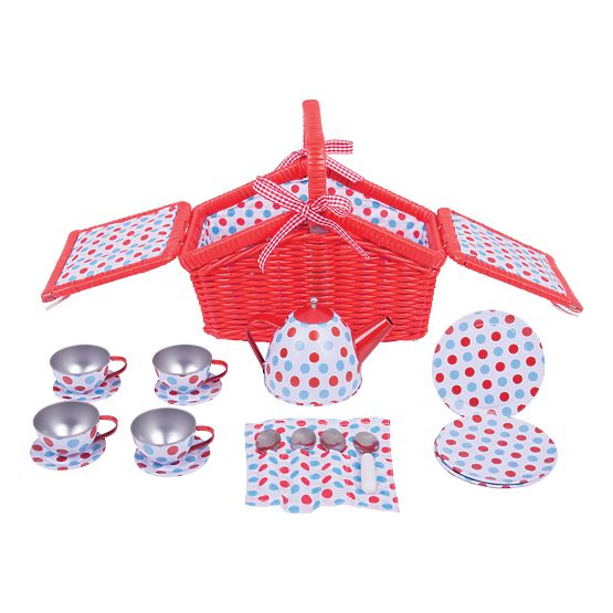 Bigjigs Toys Zestaw do herbaty w kropki w koszu piknikowym
