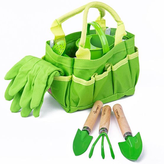 Bigjigs Toys Zestaw narzędzi ogrodowych w płóciennej torbie, zielony
