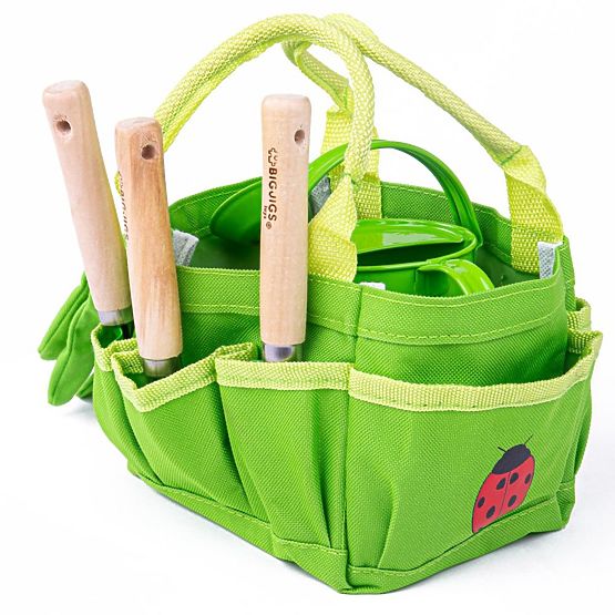 Bigjigs Toys Zestaw narzędzi ogrodowych w płóciennej torbie, zielony