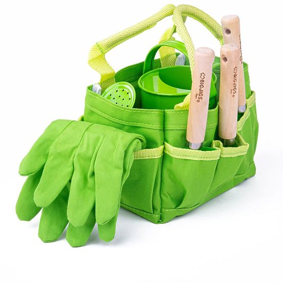 Bigjigs Toys Zestaw narzędzi ogrodowych w płóciennej torbie, zielony