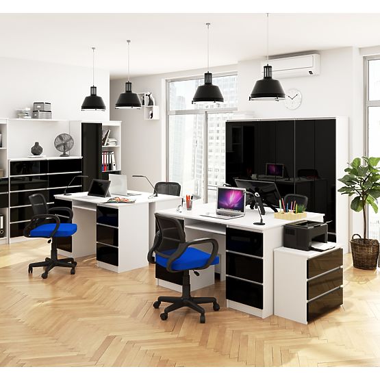 BIURKO KOMPUTEROWE A-11 135 cm 6 SZUFLAD BIAŁY / CZARNY POŁYSK