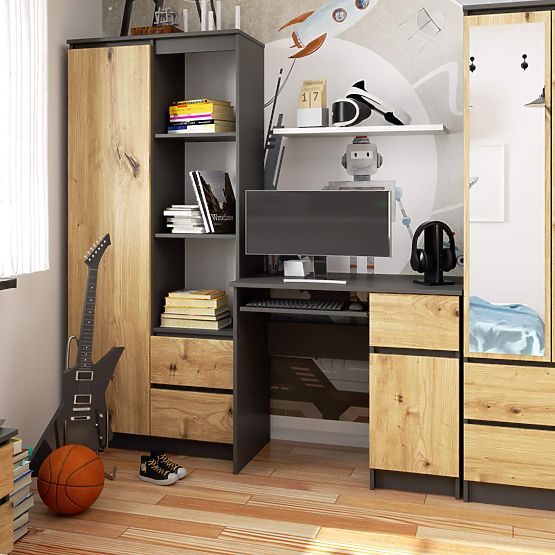 BIURKO KOMPUTEROWE PIKSEL PK SZARY / DĄB ARTISAN - PRAWY