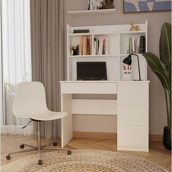 Biurko MIJAS Prawe z Nadstawką Biel Mat 4 Szuflady 4 Półki Do Biura Pokoju