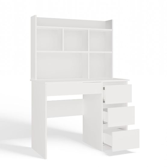 Biurko MIJAS Prawe z Nadstawką Biel Mat 4 Szuflady 4 Półki Do Biura Pokoju