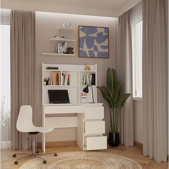 Biurko MIJAS Prawe z Nadstawką Biel Mat 4 Szuflady 4 Półki Do Biura Pokoju