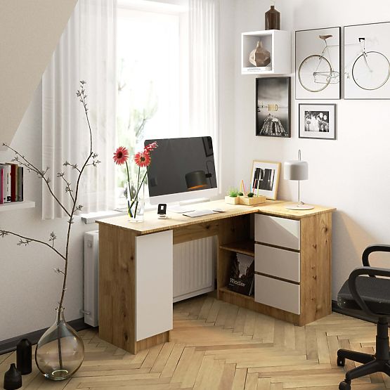 Biurko narożne B20 155 cm prawe - PK dąb artisan-biały - 3 szuflady