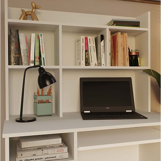 Biurko PORTO Prawe z nadstawką Biały Mat Szuflada Półki do Biura Pokoju