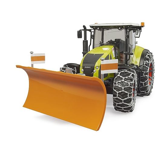 Bruder Claas Axion 950 z łańcuchami śnieżnymi i pługiem
