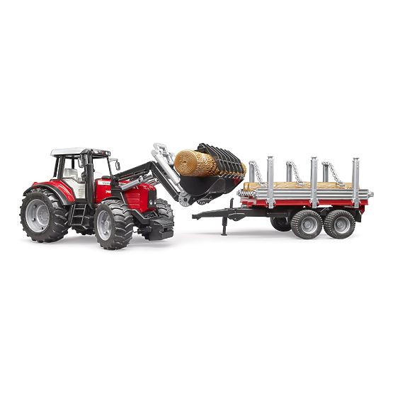 Bruder Traktor Massey Ferguson 7480 z ładowaczem czołowym i przyczepą do kłód