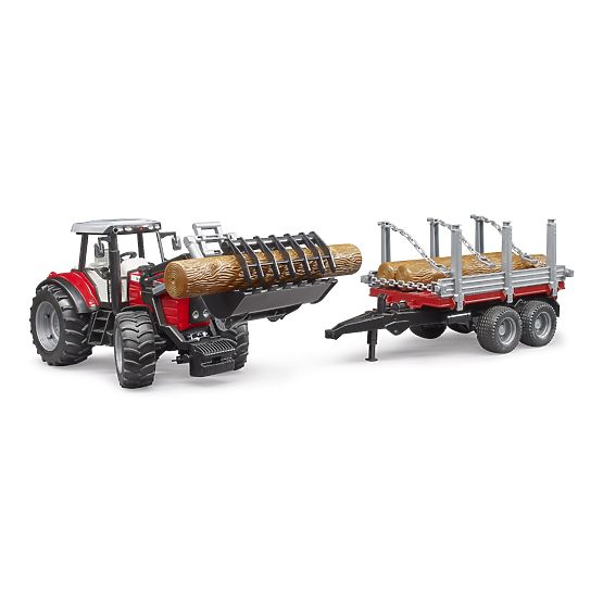 Bruder Traktor Massey Ferguson 7480 z ładowaczem czołowym i przyczepą do kłód