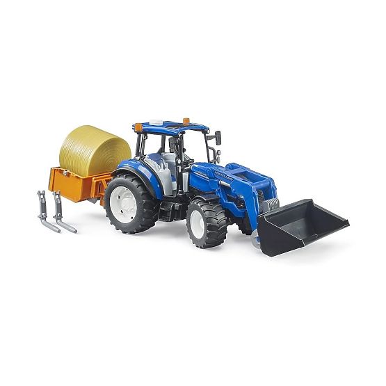 Bruder Traktor New Holland T5.120 z ładowaczem czołowym, skrzynią, widłami i okrągłym balem