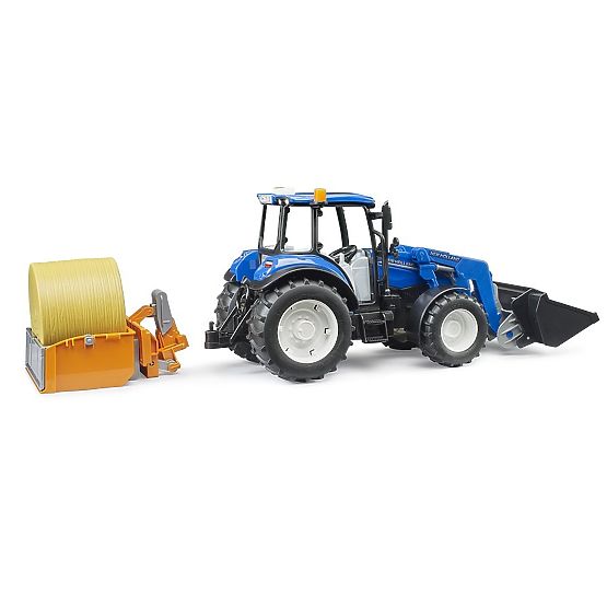Bruder Traktor New Holland T5.120 z ładowaczem czołowym, skrzynią, widłami i okrągłym balem