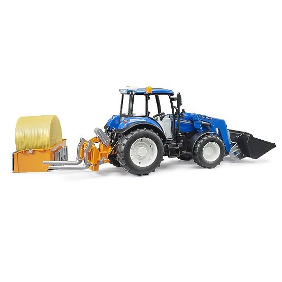 Bruder Traktor New Holland T5.120 z ładowaczem czołowym, skrzynią, widłami i okrągłym balem